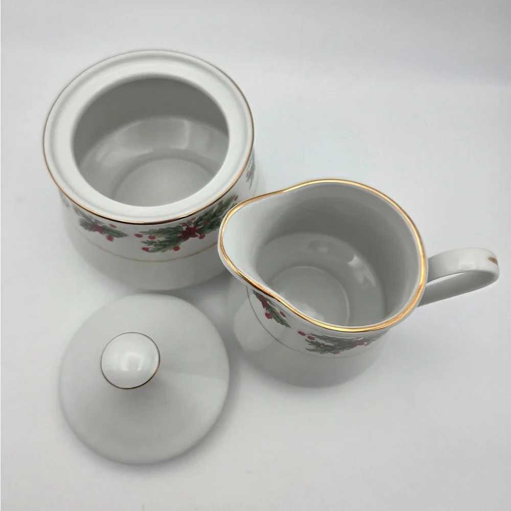 Vintage Lynns Fine China Cream and Sugar Set- Christmas Edition-goldtone trim